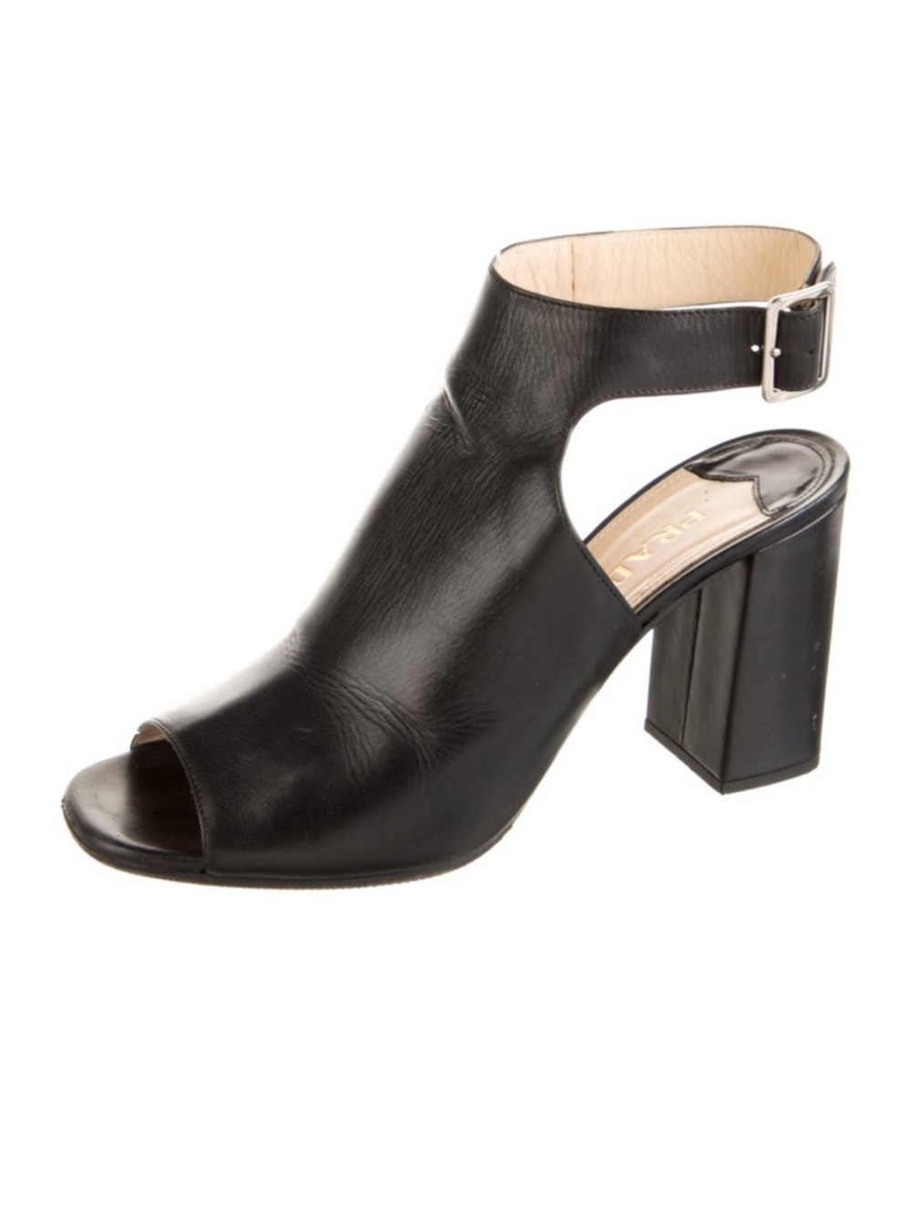 Prada Black Leather Peep-Toe Block Heel Sandal